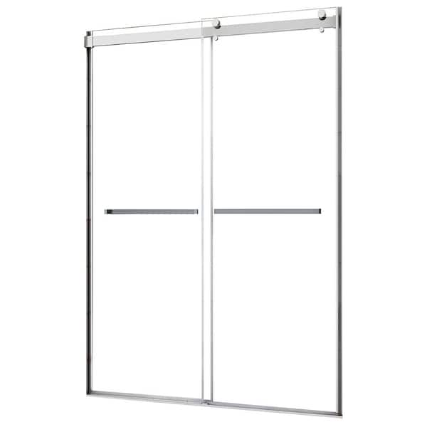 CRAFT + MAIN Lagoon 47 in. W x 76 in. H Sliding Semi-Frameless Shower Door in Silver with Clear Glass and Horizontal Handles