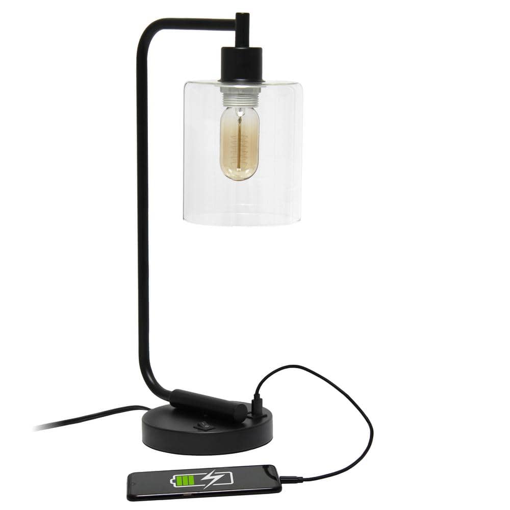 Arcadian Black Iron Desk Lamp with USB Ports and Glass Shade