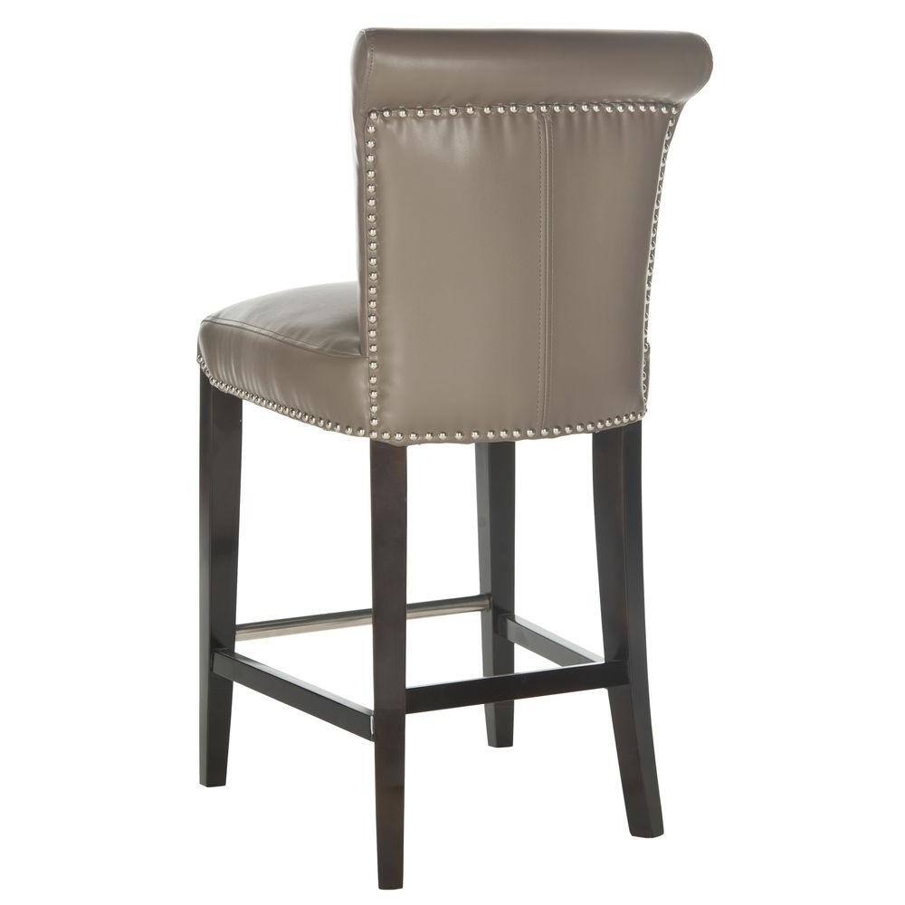 Transitional Clay Gray Leather and Wood Counter Stool