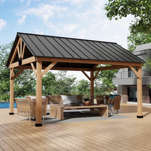 15 ft. x 13 ft. Solid Cedar Wood Outdoor Patio Hardtop Gazebo with Black Galvanized Steel Roof and Ceiling Hook