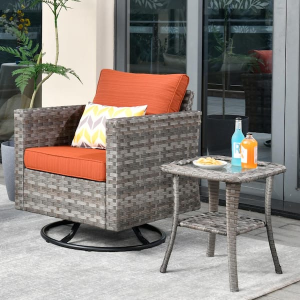 HOOOWOOO Tahoe Grey Swivel Rocking Wicker Outdoor Patio Lounge Chair with a Side Table and Orange Red Cushions