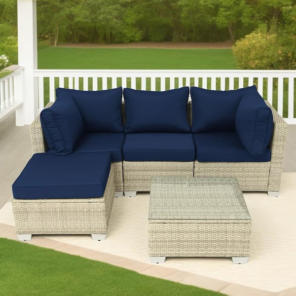 Unbranded 5-Piece Gray Wicker Outdoor Sectional Set with Dark Blue Cushions and Coffee Table