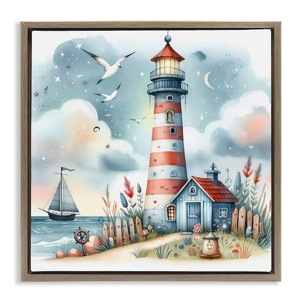 Stupell Industries Fun Maritime Lighthouse by LSR Design Studio Brown Floater Frame Coastal Graphic Art Print 18 in. x 18 in.