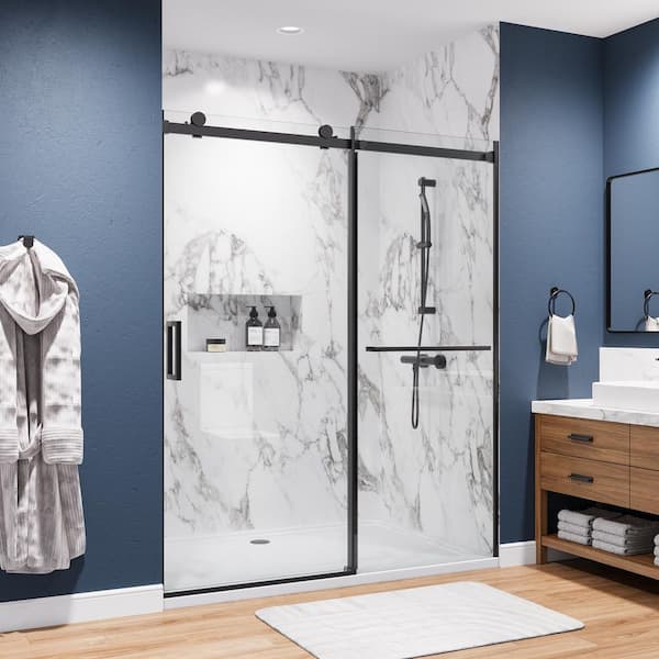 WYonder 60 in. W x 72 in. H Semi Frameless Shower Door in Matte Black with 5/16 in. (8 mm) Clear Glass