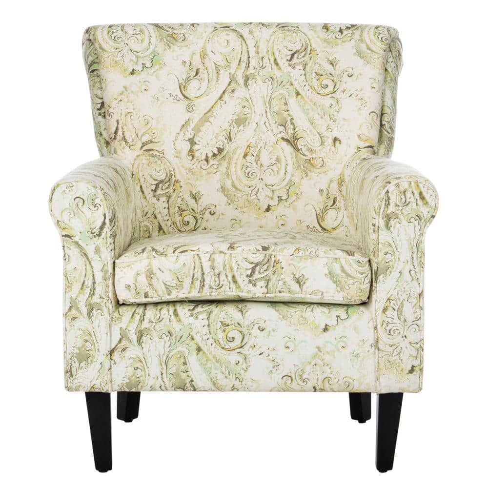 Contemporary Floral Green Linen-Blend Wood Accent Chair