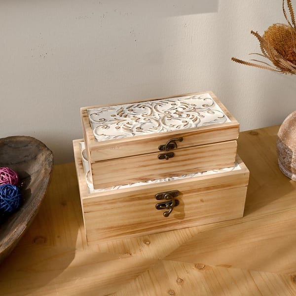 White and Brown Hand-Carved Floral Pine Decorative Box Set (2