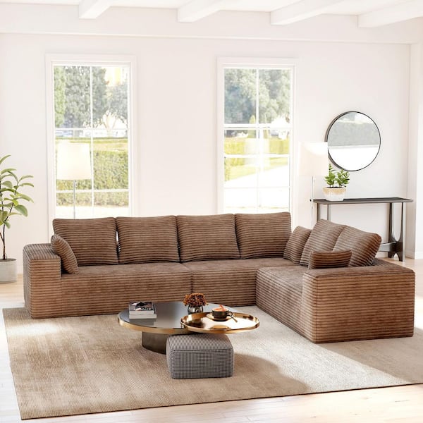 Magic Home 134 in. Square Arm Brown Corduroy Fabric L-Shape Memory Foam Modular Boneless Sofa with Chaise Lounge, Pillows MH-S-135TA-122