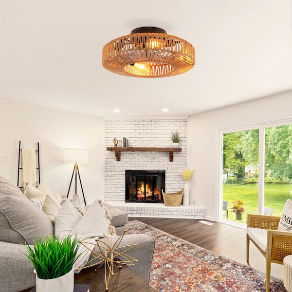 20 in. Brown Rope and Gray PC Blades Flush Mount Standard Low Profile Ceiling Fan Without Lights, Remote Control