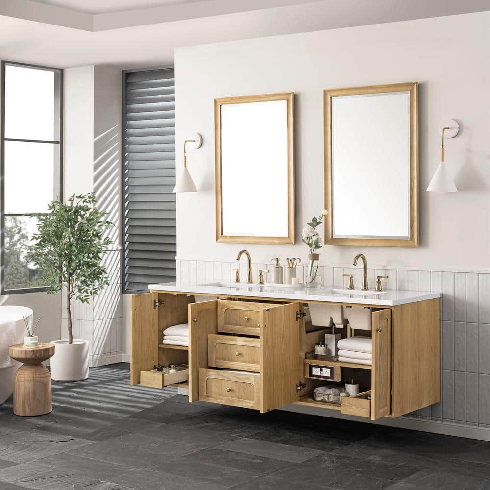 Laurent 72" Light Natural Oak Double Vanity Base with Brass Knobs