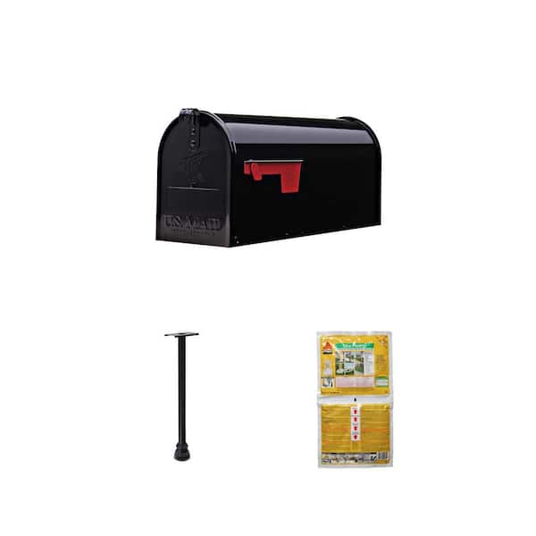 Elite Black Medium Steel Post Mount Mailbox, Aluminum Top Mount Post and 2 lb. PostFix Mix Combo
