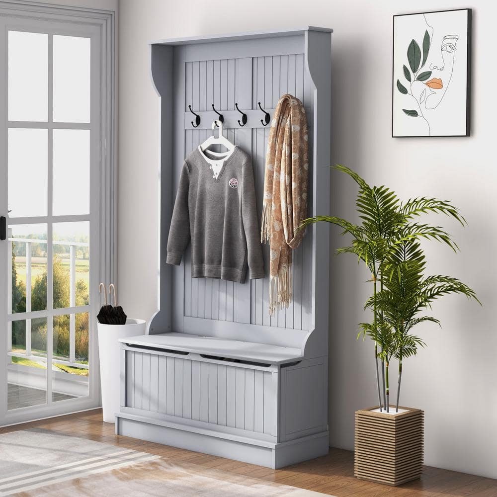 Gray Engineered Wood Hall Tree with Storage Bench and Metal Hooks