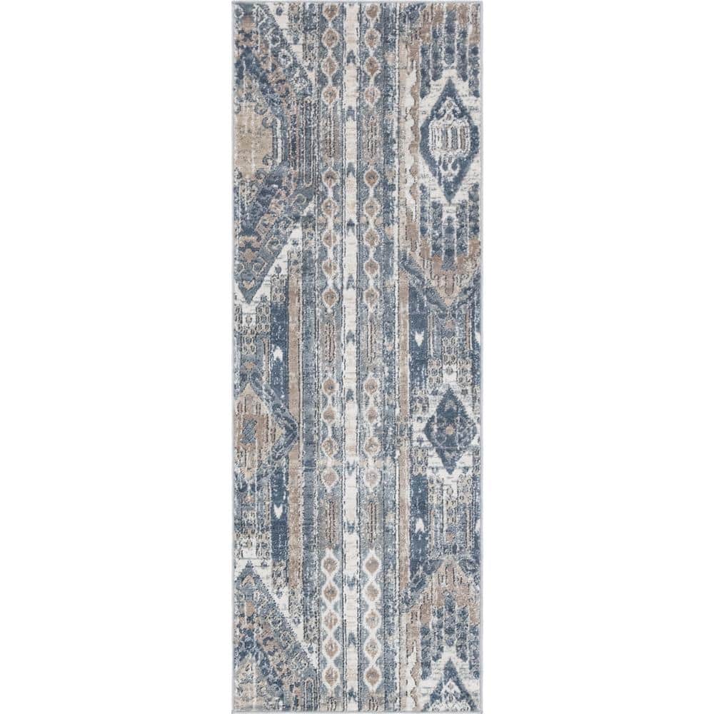Navy Blue Geometric Indoor Runner Rug with Easy Care and Stain Resistance