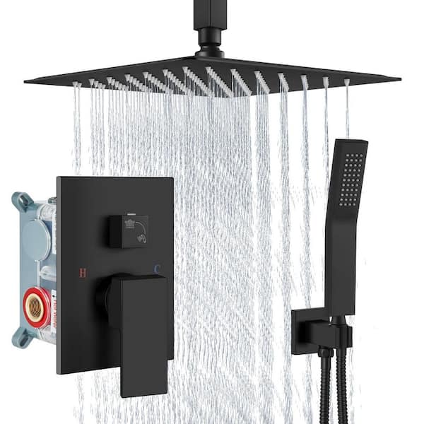 Matte Black 12 in. Ceiling Mount Rain Shower Head and Handheld Spray Set with High-Pressure Valve and