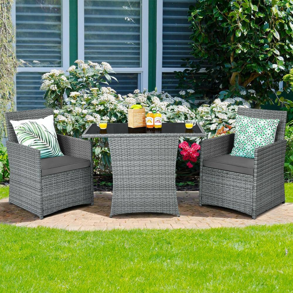 3-Piece Outdoor Wicker Rattan Patio Conversation Set with Gray Cushions