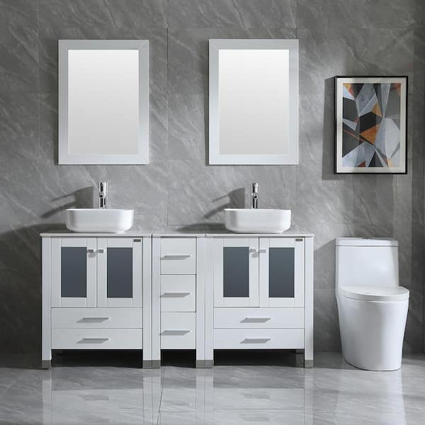 60 in. W x 21.5 in. D x 61 in. H Double Sinks Bath Vanity in White with Ceramic Top and Mirror