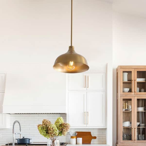 10.7 in. 1-Light Farmhouse Gold Dome Shaded Pendant Light Industrial Adjustable Metal Hanging Light