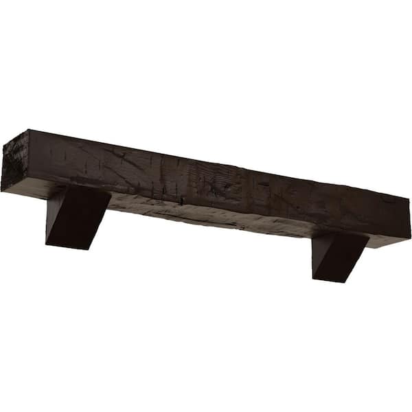 Ekena Millwork 4 in. x 8 in. x 7 ft. Hand Hewn Faux Wood Fireplace Mantel Kit with Breckinridge Corbels, Natural Mahogany