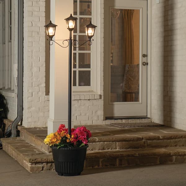 Triple Head 3-Light Black Outdoor Solar Warm White LED Lamp Post Light Set with Round Planter for Garden and Porch