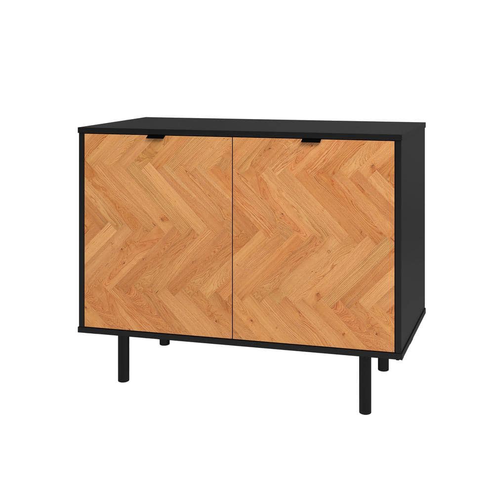3/4 view of the black and wood print accent storage cabinet.
