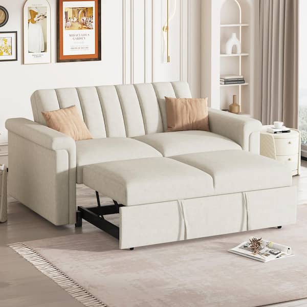 Harper & Bright Designs Modern 63 in. Beige Polyester Twin Size Sofa Bed, Convertible Loveseat with Adjustable Backrest
