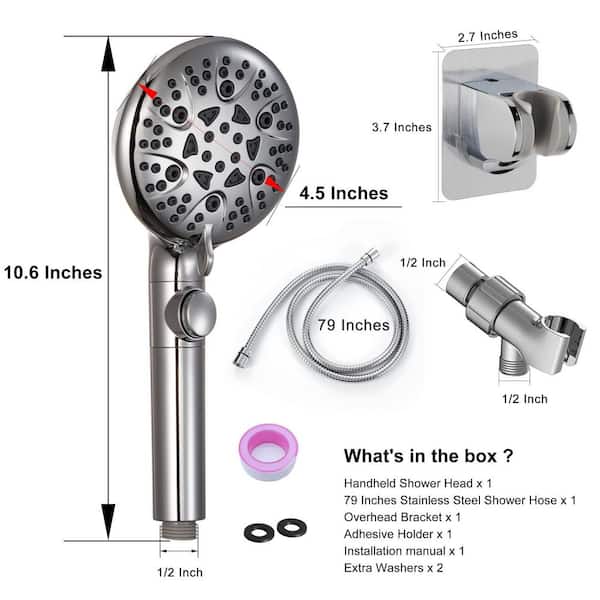 1-Piece 8-Mode High Pressure Handheld Showerhead in Silver with On Off Switch, 79 in. Hose, Bracket and Adhesive Holder