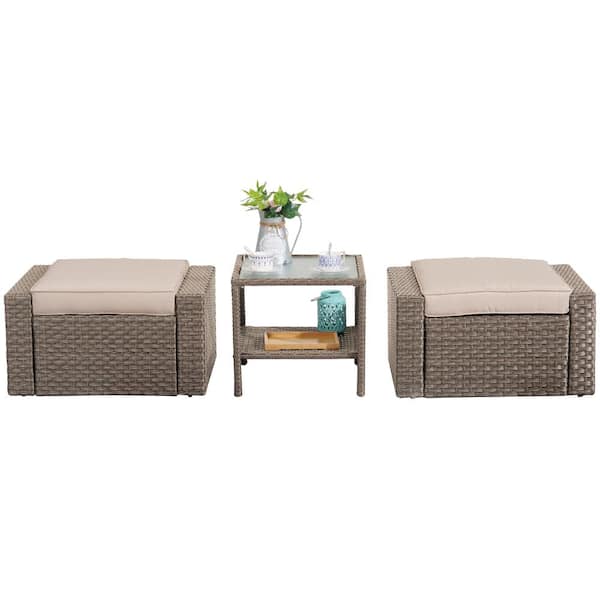 Unbranded 3-Pieces Wicker Patio Conversation Set, Footstools and Ottomans Small Furniture, With Coffee Table and khaki Cushions
