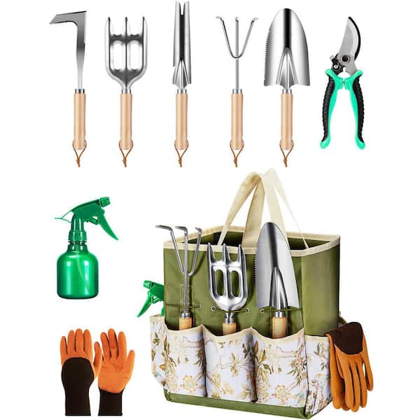 9-Piece Garden Tool Set Heavy Duty Stainless Steel Rust-Proof Tools with Storage Tote Bag for Outdoor Gardening (Green)