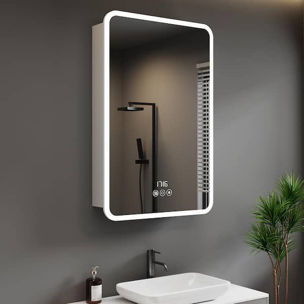 HBEZON Aura 20 in. W x 28 in.H Small Rectangular Aluminum LED Dimmable Medicine Cabinet with Mirror, Left Hinge