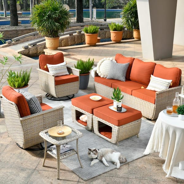 HOOOWOOO Sierra Beige 6-Piece Wicker Pet Friendly Outdoor Patio Conversation Sofa Set with Swivel Chairs and Orange Red Cushions