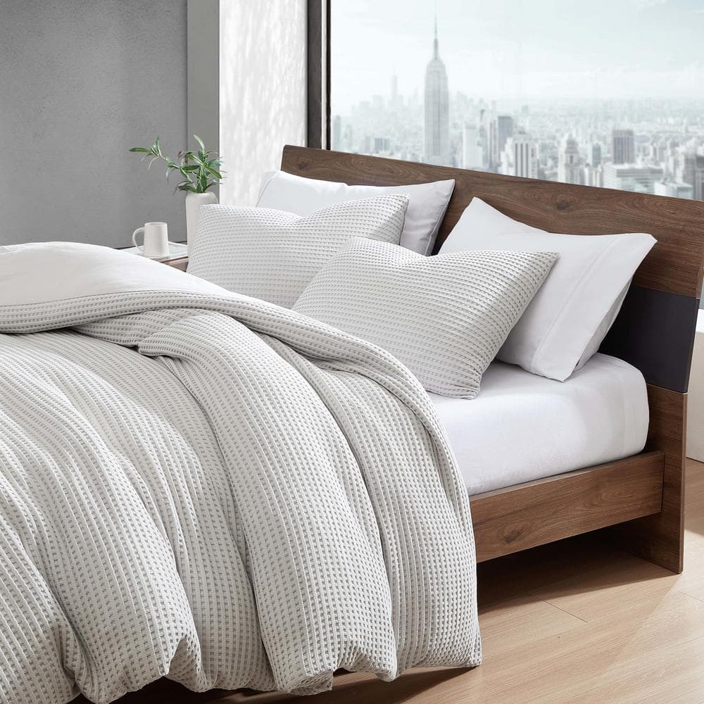 Grey Waffle Textured Queen Duvet Cover Set with Shams