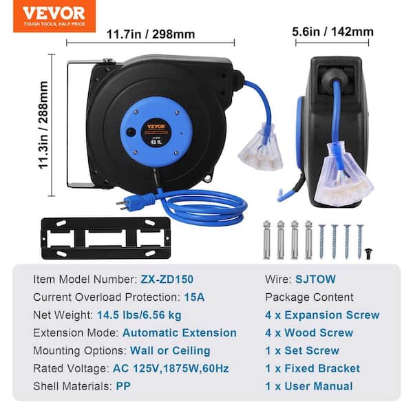 VEVOR 45 ft. 12AWG/3C 15 Amp Retractable Extension Cord Reel w
