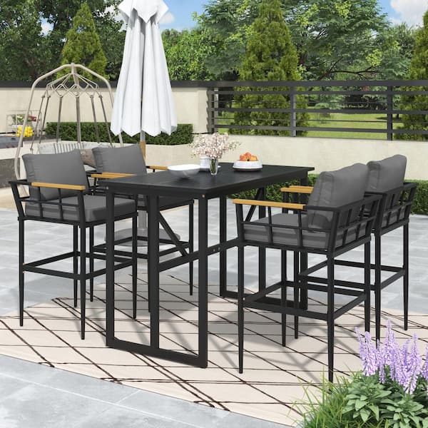Harper & Bright Designs 5-Piece Metal and Wood Outdoor Dining, Bar Table Set with Gray Cushions