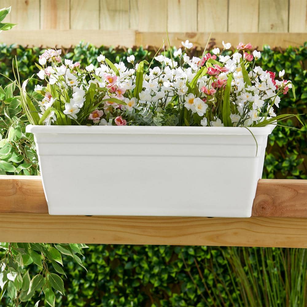 White 24-Inch Plastic Deck Rail Planter Box with Drainage Plugs
