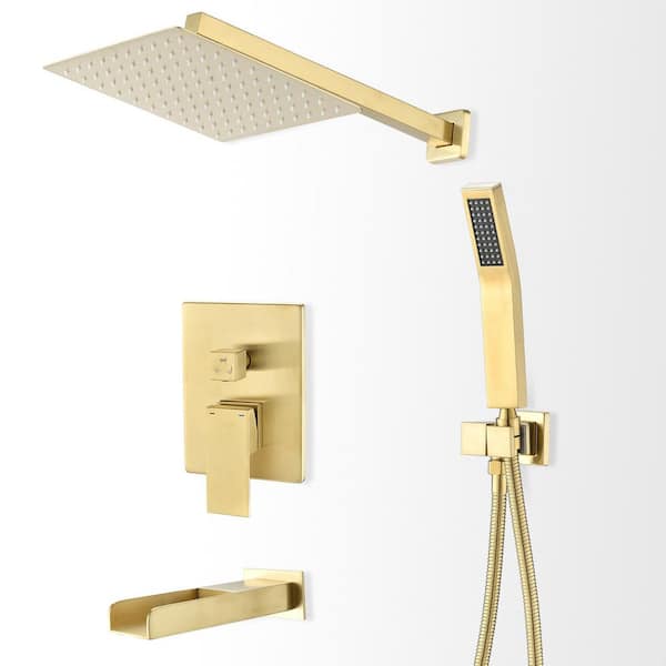 Pdpbath 1-spray 12 in. Dual Square Shower Head and Handheld Shower Head with 2.5 GPM in Brushed Gold