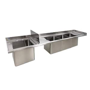77 in. Freestanding Stainless Steel Commercial NSF 4 Compartments Sink EK77S with Drainboard 18 Gauge