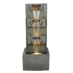 33 in. Gray Stone-Look 4-Tier Tiered Floor Fountain with Warm White LED Lights