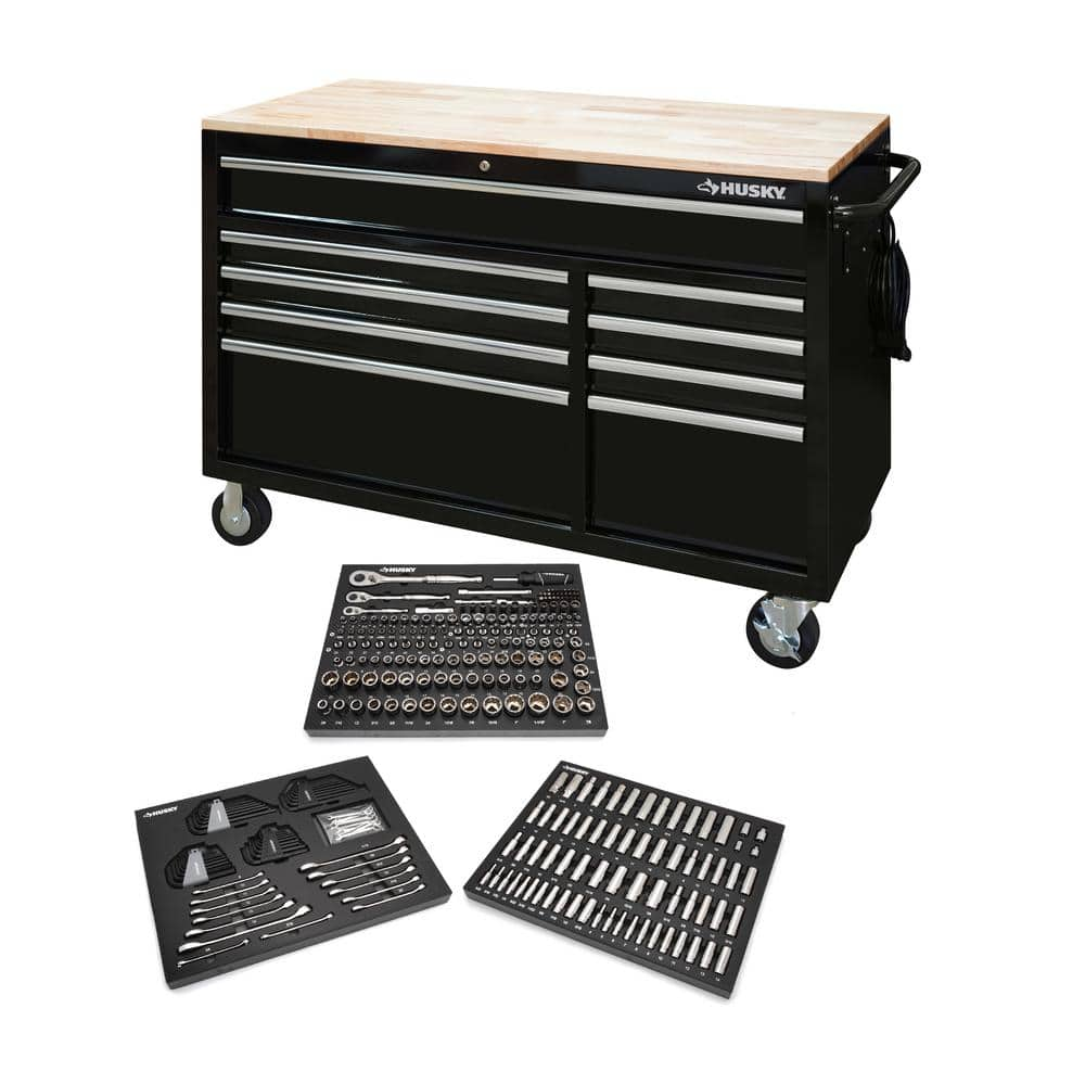 Husky 52 in W x 24.5 in. D Standard Duty 9-Drawer Workbench with 290-Piece Mechanics Tool Set in EVA Trays in Gloss Black, Gloss Black with Silver Trim -  HOTC5209B12MCMB