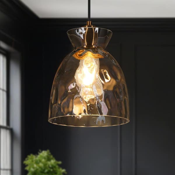 Modern Kitchen Island Pendant Light Contemporary 1-Light Brass Gold Bell Pendant Light with Water-Rippled Glass Shade