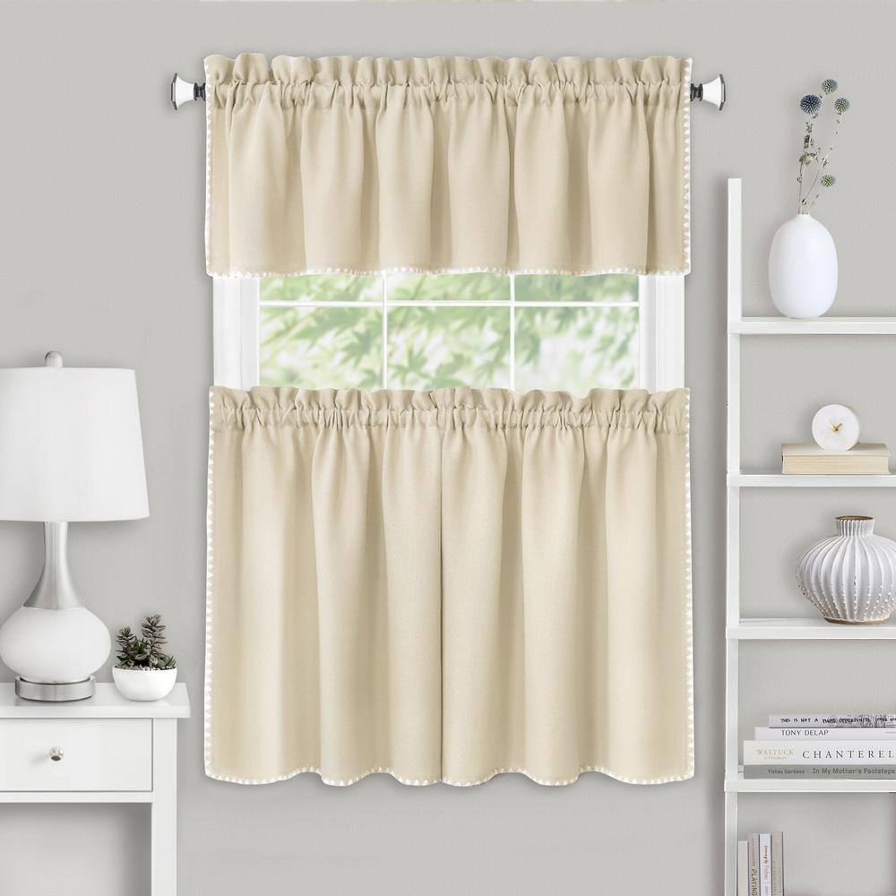 Tan and White Light Filtering Tier and Valance Curtain Set