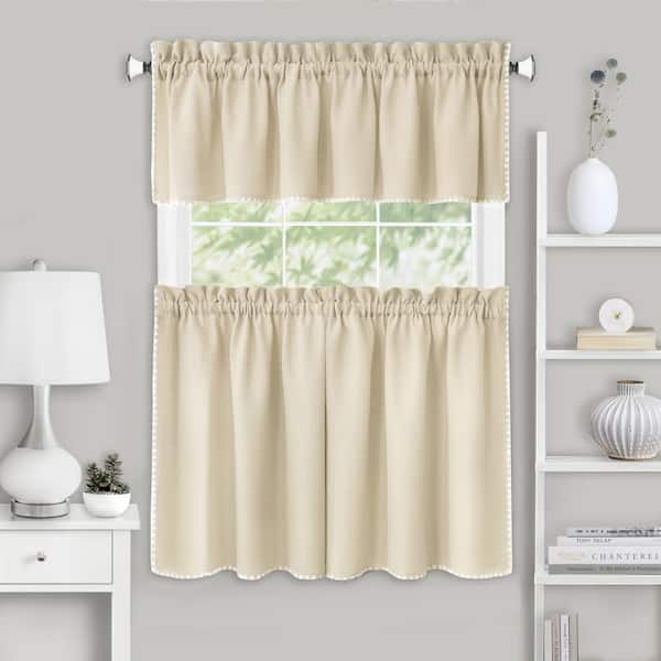 Kendal Polyester Light Filtering Tier and Valance Window Curtain Set - 58 in. W x 36 in. L in Tan/White