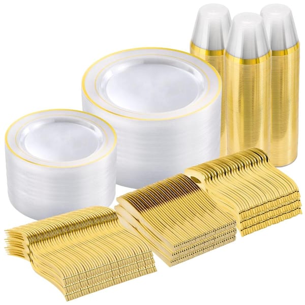 600-Piece Clear and Gold Plastic Dinnerware Set with Plates, Cups and Cutlery for 100 Guests