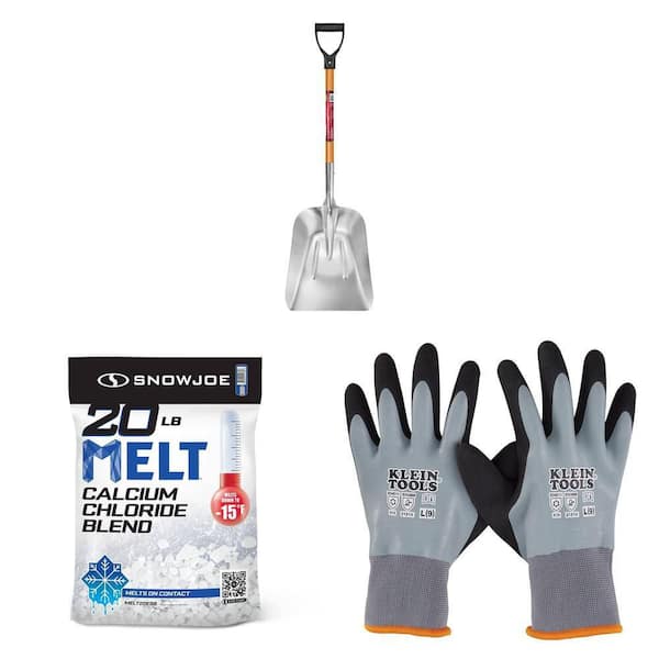 28 in. D-Grip Aluminum Scoop Shovel, 20 lbs. Ice Melt, and Thermal Dipped Gloves Combo