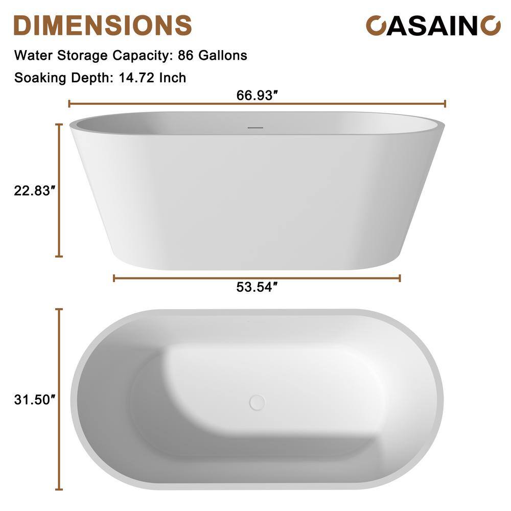 67" White Solid Surface Freestanding Soaking Tub with Black Pillow