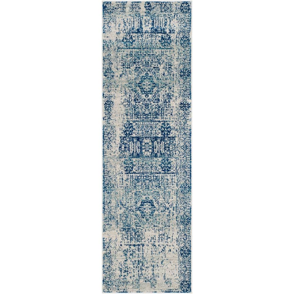 Ivory Blue Elegance 2'2" x 5' Synthetic Easy-Care Runner Rug