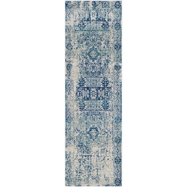 Evoke Ivory/Blue 2 ft. x 5 ft. Distressed Medallion Runner Rug