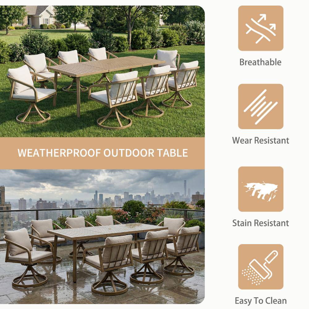 9-piece teak finish aluminum outdoor dining set on a green lawn.