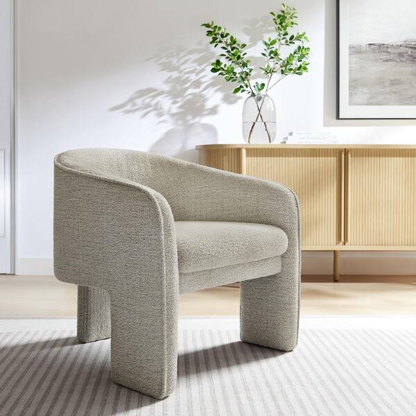 Modway Greer Comfy Barrel Accent Chair with 3 Legs in Parchment Boucle Fabric