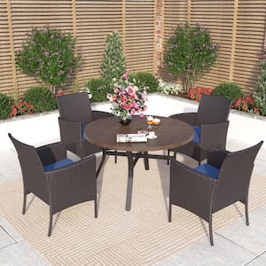 Black 5-Piece Metal Patio Outdoor Dining Set with Wood-Look Round Table and Rattan Chairs with Blue Cushion