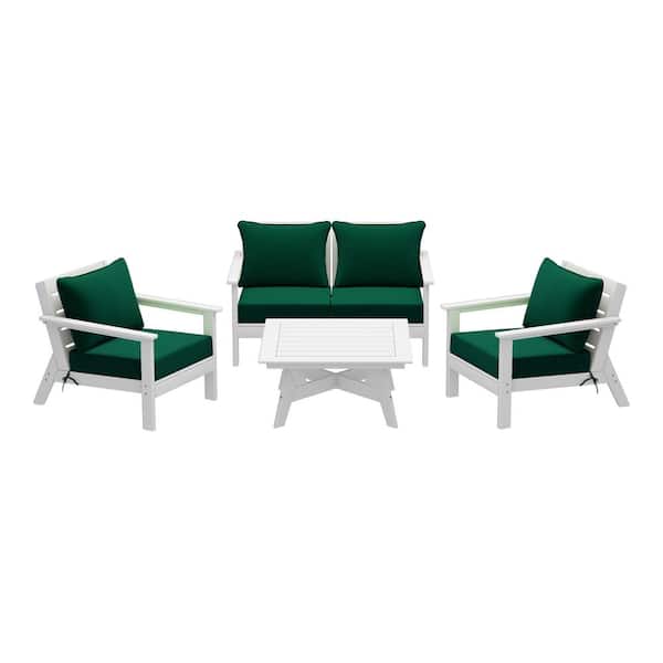 WESTIN OUTDOOR Birchwood White Arrangeable 5-Piece Outdoor Patio HDPE Deep Seating Conversation Lounge Set w/ Green Cushions