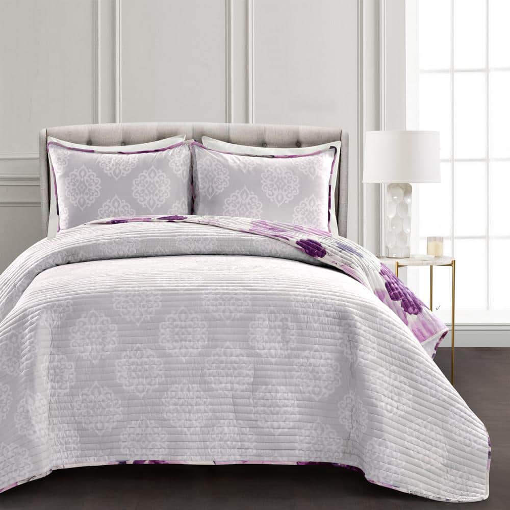 Full Gray and Purple Reversible Microfiber Floral Quilt Set